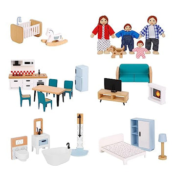 OOOK Wooden Dollhouse Furniture Set for Kids, 26 Pcs Dollhouse Accessories with 4 Family Dolls and Dog, Miniature Doll House Furniture Toys Pretend