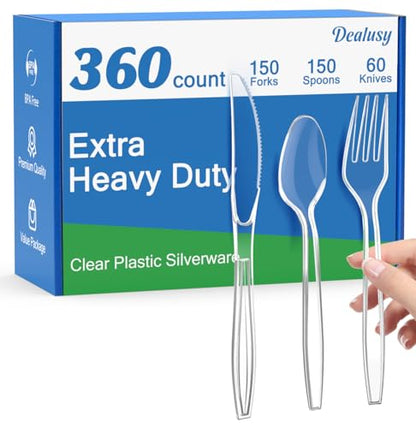 Dealusy 360 Count Extra Heavy Duty Clear Plastic Silverware, 150 Forks, 150 Spoons, 60 Knives, BPA-Free, Heat Resistant, Disposable Plastic Utensils