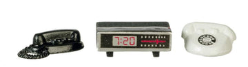 Dollhouse Clock Radio & 2 Telephones Phones Miniature Modern Accessory