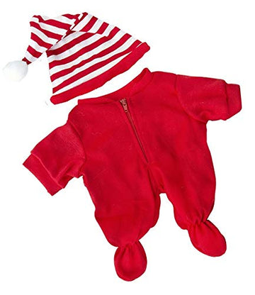 Red Onesie Drop Seat Pajamas PJs with Striped Night Cap Outfit Teddy Clothes/fits 7-9 inch