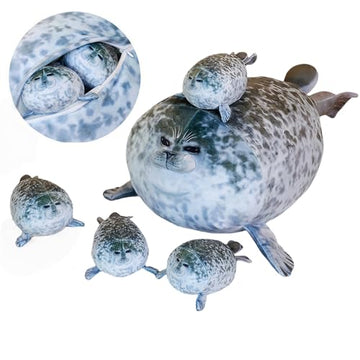 19.6Inch Chubby Blob Seal Pillow CuteSeal Plush with 4 Baby Seal Plushies in Her Tummy Soft Stuffed Cotton Plush Animal Toy Gift for Kids