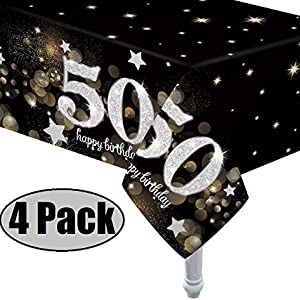 Oojami 4 Pack 50th Birthday Tablecloth, 50th Birthday Table Cloth - Plastic Party Table Covers, Reusable, Spill-Resistant, Fits 54 x 108 Inch