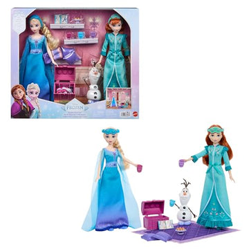 Mattel Disney Frozen Toys, Anna & Elsa Fashion Dolls in Royal Fitting Nightgowns & Slippers with Olaf Figure & 12 Accessories, Slumber Sister Set