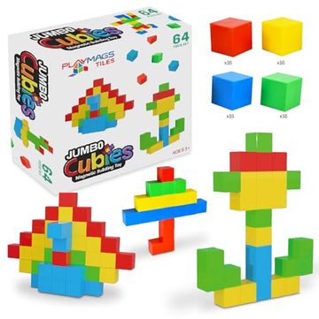Playmags Jumbo Cubies Magnetic Blocks Building Toy, 64pc 2-Inch Magnet Cubes STEM Toys for Toddler & Kids, Preschool, Educational Construction Block