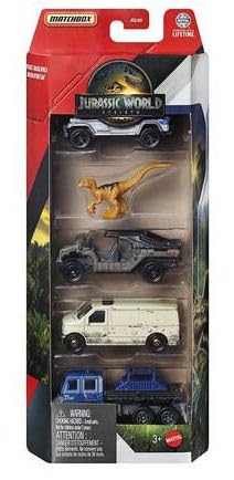 Jurassic World Matchbox Dinosaur Vehicle Collection, Die-Cast Cars and Figures 5 Packs, Bundle of 4, 20 Vehicles, JGL60-956B