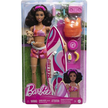 Barbie HPL69 Surf Doll Articulated Mannequin Brown Surfboard Puppy Themed Accessories Children's Toy from 3 Years