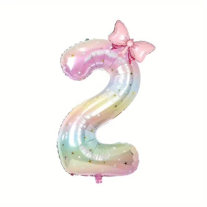Number 2 40 Inch Rainbow Star Gradient Giant Number Balloon & Mini Bow Balloon Foil Mylar Number Balloons Children's Birthday Girl Party Anniversary