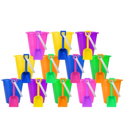 4E's Novelty 12 Sets 5.5" Sand Buckets and Shovels for Kids Bulk (12 Pack) Small Beach Bucket for Summer Outdoor Sand Toys, Party Favors, Basket
