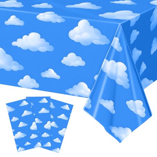 Temicle 3-Pack 54 x 108 Inch Cartoon Sky Tablecloths - Blue Sky and Cloud Disposable Plastic Covers for Kids Birthday, Baby Shower, and Party Supplies