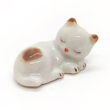 WitnyStore Tiny 1" White Brown Pointed Shorthair Cat Sleeping Curled Figurine - Miniature Hand Made Painted Ceramic Cats Kitten Feline Animal Cute