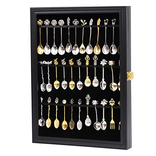 COMSREV 36 Souvenir Tea Spoon Display Case Wall Mount Lockable UV Protection Acrylic Door Wood Display Rack Stand for Spoon