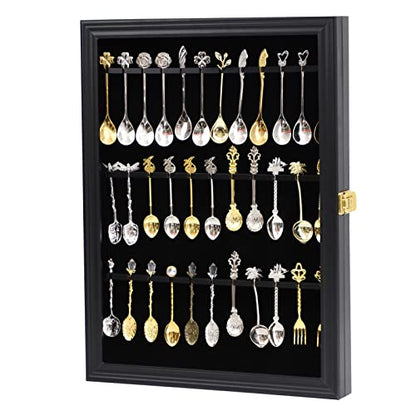 COMSREV 36 Souvenir Tea Spoon Display Case Wall Mount Lockable UV Protection Acrylic Door Wood Display Rack Stand for Spoon