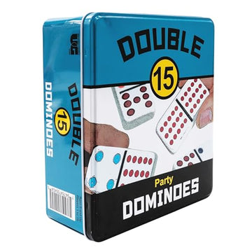 Front Porch Classics, Double 15 Color Dot Dominoes Set On-the-Go Travel Storage Tin, 2 to 12 Players Ages 8 to 99