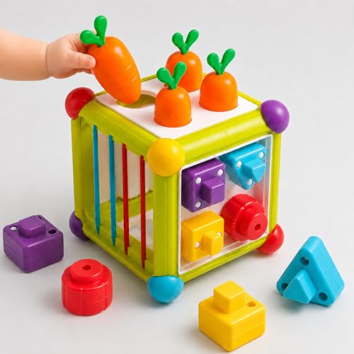 Seozio Montessori Activity Cube Toys for Baby, 6-in-1 Shape Sorting Toy, Fine Motor Learning Game for Toddlers 1-3