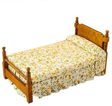 EatingBiting 1:12 Vintage Flower Print Bed, mini House Miniature Furniture Wooden Single Bed Traditional Flower, DIY Scene House Home Furniture Craft
