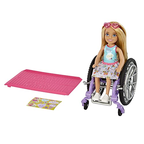 Barbie Chelsea Doll & Wheelchair with Moving Wheels, Ramp, Sticker Sheet & Accessories, Small Doll with Blonde Hair