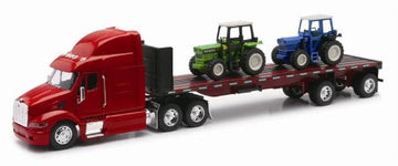 Peterbilt Truck with Flatbed Trailer and 2 Farm Tractors: Diecast and Plastic Model - 1:32 scale