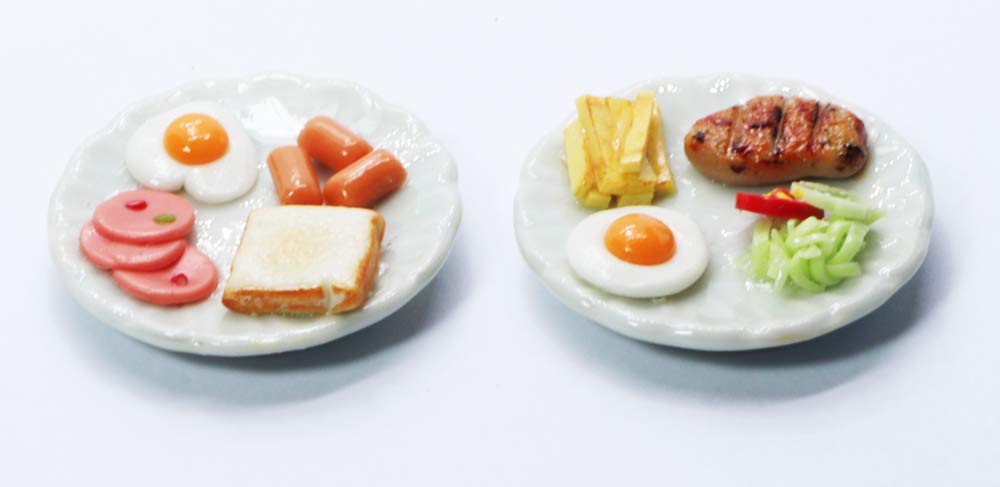 Miniature Food Plates Set of 2 - Hand-Sculpted Clay Bread, Sausage, Egg & Pork Steak on Ceramic Dishes - 1:6 Scale Dollhouse Accessories