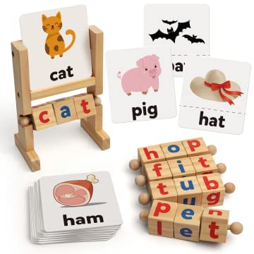 Coogam Wooden Reading Blocks Short Vowel Rods Spelling Games, Flash Cards Turning Rotating Letter Puzzle for Kids, Site Words Montessori Spinning