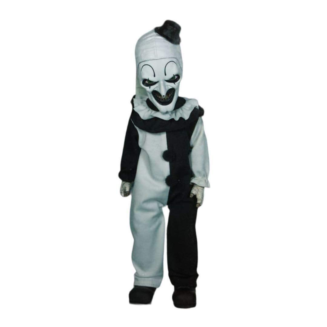 Mezco Terrifier - Living Dead Doll 10.5-Inch Art The Clown Doll with New Head Sculpt, Pom-Pom and Ruffle Detailing Black-and-White Costume, and