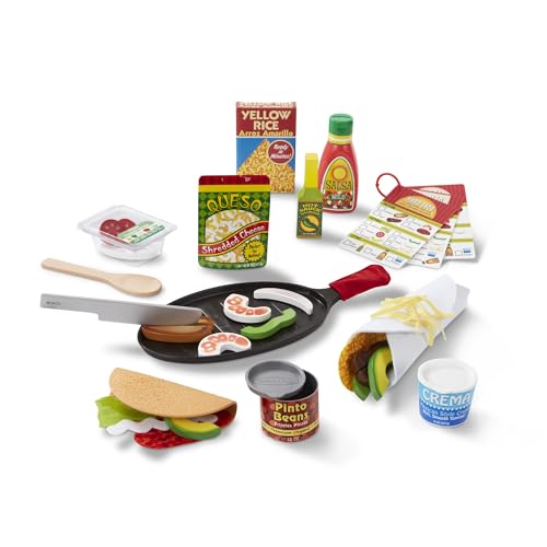 Melissa & Doug Fill & Fold Taco & Tortilla Set, 43 Pieces - Sliceable Wooden Mexican Play Food, Skillet, and More - FSC Certified