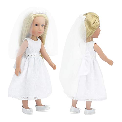 Emily Rose 14" Doll Bridal First Communion Dress 3-PC Outfit - White Lace Gown, Veil & Shoes | Glitter Girls & Wellie Wishers Compatible | USA Brand