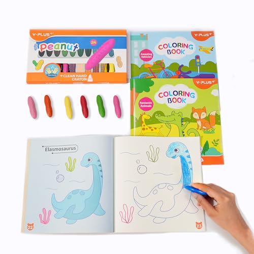 YPLUS Coloring Set for Kids with 24 Crayons 3 Coloring Books, Toddler Painting Kit Peanut Crayon Drawing Books, Washbale Non Toxic Art Craft Supplies