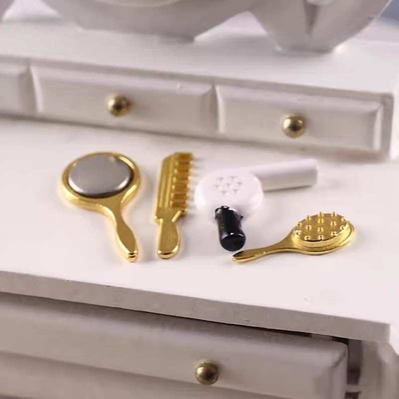 Miniature Comb and Hair Dryer Set for Dollhouses, 4Pcs Mini Bathroom Accessories, Mirror and Makeup Decor for Dollhouse Displays