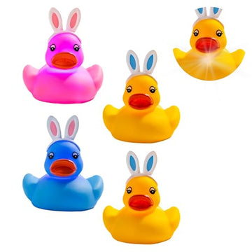 Light Up Rubber Ducks for Kids (4 Pack) - LED Glowing Bunny Duck Toys, Colorful Bath & Play Set, Party Favors & Classroom Prizes with Giftable Box