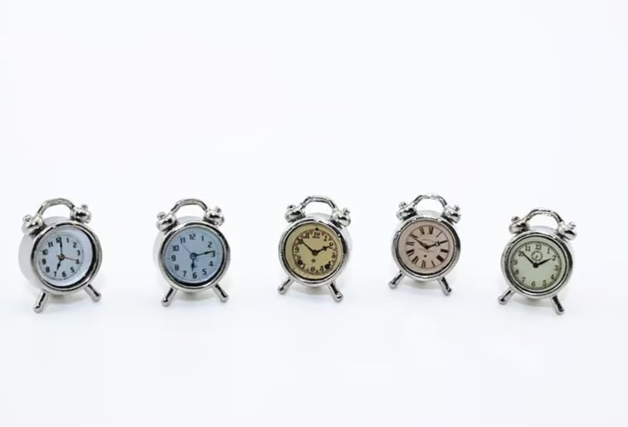 Miniature Alarm Clock 1/12 Scale, Tiny Silver Decor for Dollhouse, Diorama Props, Model Displays and Miniature Room Accessories (0.4x0.6 Inch)