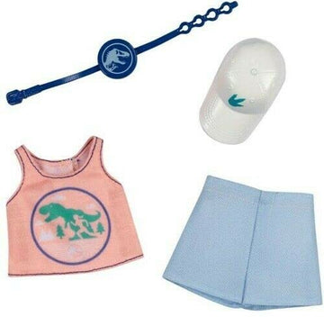 Barbie Doll Clothes Inspired by Jurassic World: Dominion, Complete Look with 2 Accessories, Pink Sleeveless Crop Top with Dinosaur Graphic & Blue