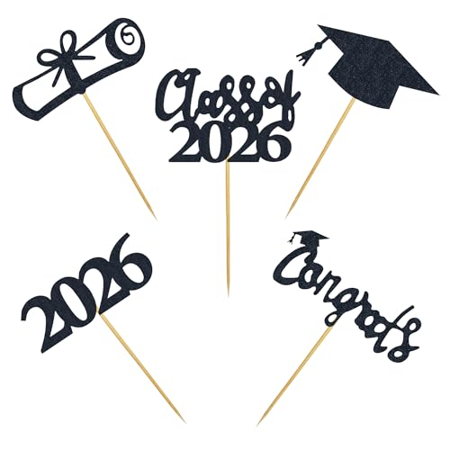 30 PCS Graduation Cupcake Toppers 2026 Diploma Grad Cap Cake Toppers Food Picks for Party Supplies and Graduation Party Favors 5 Styles