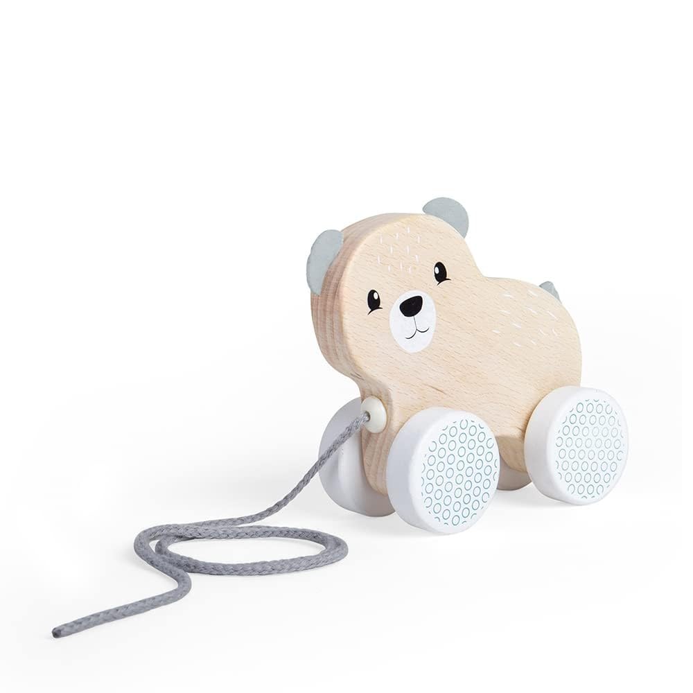 Bigjigs Toys FSC Certified Bear Pull Along Toy - Eco-Friendly Wooden Bear with Felt Ears & Tail and Grey Pull Cord, Quality Pull Along Toys for 1 Year
