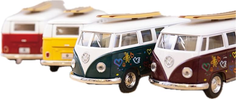 KiNSMART 1962 Volkswagen Classic Bus With Surfboard and Hippy Decals Bus 1:32 Scale 5 Inch Die Cast Metal Model Toy Van, Pullback Acation (1 At
