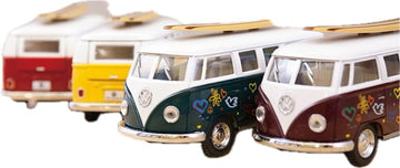 KiNSMART 1962 Volkswagen Classic Bus With Surfboard and Hippy Decals Bus 1:32 Scale 5 Inch Die Cast Metal Model Toy Van, Pullback Acation (1 At