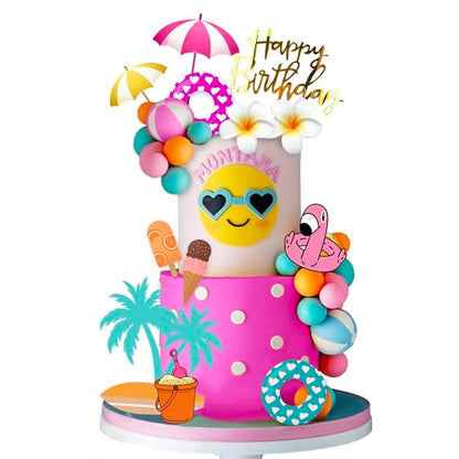 Summer Hawaiian Cake Topper with Swimming Rings Balls Sun Umbrella Beach Cake Decorations for Summer Hawaii Aloha Theme Birthday Supplies