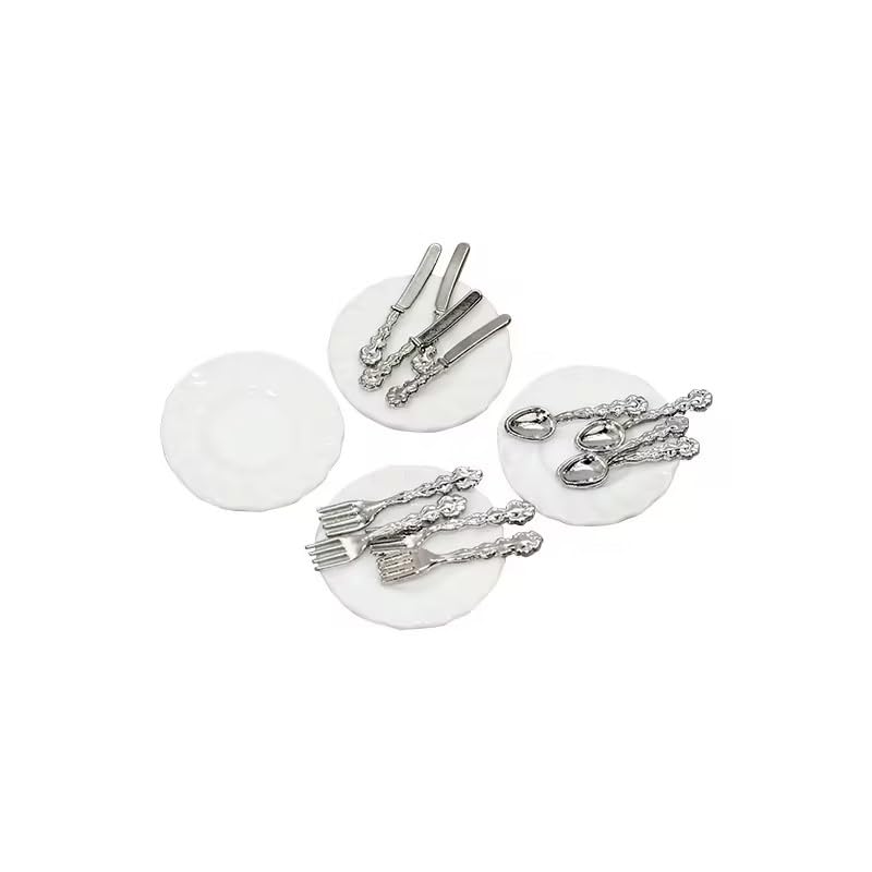 4Set Silver 1/12 Miniature Plates and Silverware Knife Fork Spoon Set Dollhouse Accessories, Décor, Decorations
