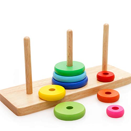 Wooden Tower of Hanoi Intellectual Toy Brain Teaser 8 Rings Hanoi Tower