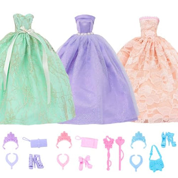 17 Pcs Wedding Clothes and Accessories for 11.5 inch Doll Set, 3 Pcs Fashion Party Gown Dresses 14 pcs Shoes, Crowns, Necklaces, Handbag, Fairy Wands