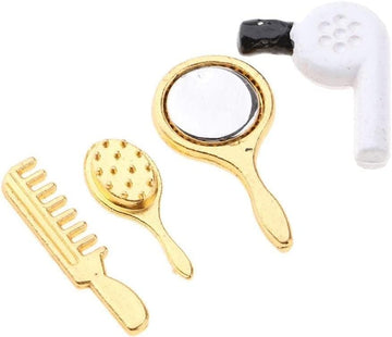 4 Pcs Miniature Bathroom Set with Hair Dryer, Accessories 1:12 Scale Bathroom Comb Mirror Hair Dryer Brush,Furniture Accessories
