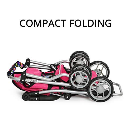Twin Doll Stroller with Diaper Bag and Swivel Wheels & Adjustable Handle - Pink & Polka Dot Design (Flower)