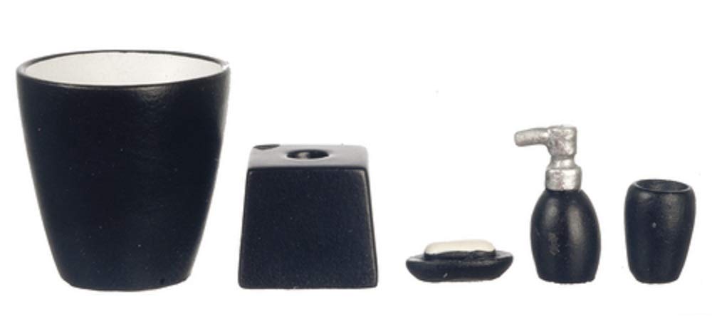Houseworks, Ltd. Dolls House Miniature Modern Black Bathroom Accessory Set Bin Soap Tumbler 5 Pc