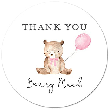 2-Inch Round Cute Bear with Pink Balloon Thank You Beary Much Favor Stickers - Set of 40