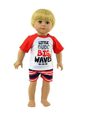American Fashion World Boy’s Big Waves Rash Guard and Swim Trunks Set for 18-Inch Dolls | Premium Quality & Trendy Design | Dolls Clothes | Outfit