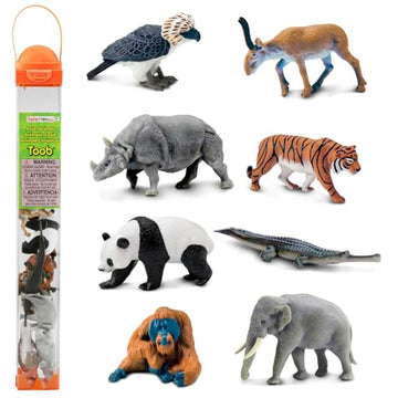 Safari Ltd. Asian Animals TOOB - Set of 8 Mini Figurines - Asian Elephant, Indian Rhino, Orangutan, Panda Bear, Tiger, Antelope, Philippine Eagle,