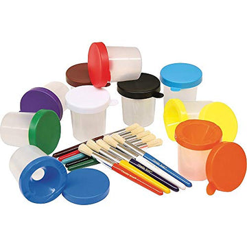 Creativity Street No-Spill Cups And Coordinating Brushes, Assorted Color Lids/clear Cups, 10/set