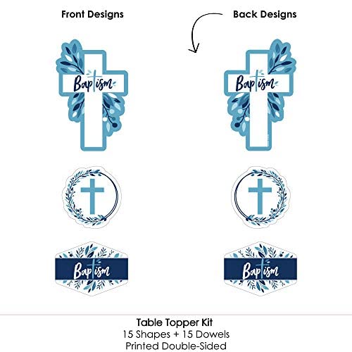 Big Dot of Happiness Baptism Blue Elegant Cross - Boy Religious Party Centerpiece Sticks - Table Toppers - Set of 15