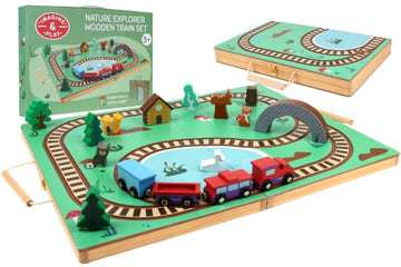 Imagine & Play Nature Explorer - 17 Piece Wooden Train Set with Foldable Carrying Board, Forest Animals & Bridge - Toddler Toys, Train Toys, Toys
