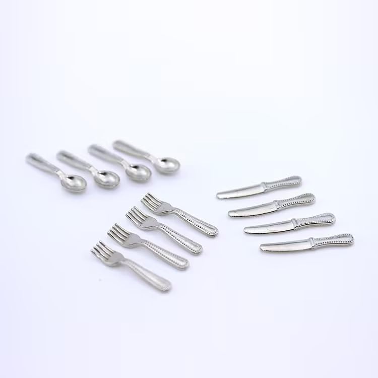 12-Piece 1/12 Scale Silver Miniature Cutlery Set - Stainless Steel Dollhouse Accessories for Cupcake Decorations and Model Displays (0.8" Tiny