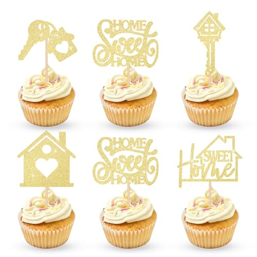 Sweet Home Happy Birthday Cupcake Toppers Gold Glitter Party Decoration